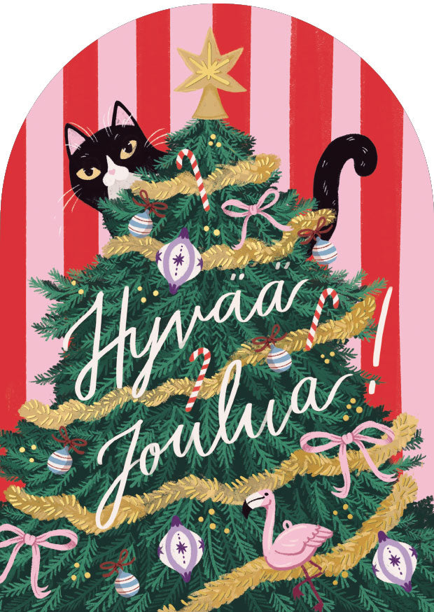 2-osainen joulukortti Kaisu Sandberg - Kuusi ja kissa, Hyvää joulua!
