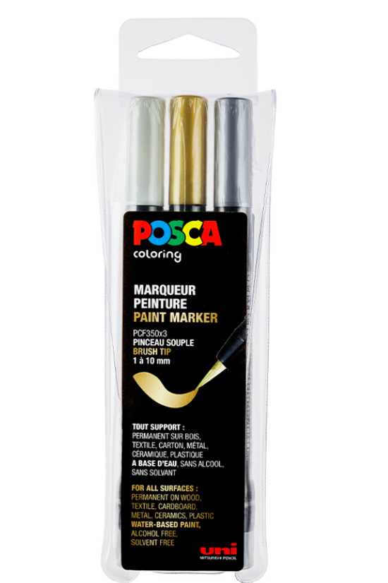 Maalitussit 3 kpl sivellinkärjellä Posca PCF-350 - Kulta, Hopea, Valkoinen