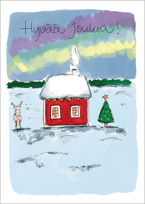 Joulukortti Sari's Artwork - Mökki ja revontulet, Hyvää joulua