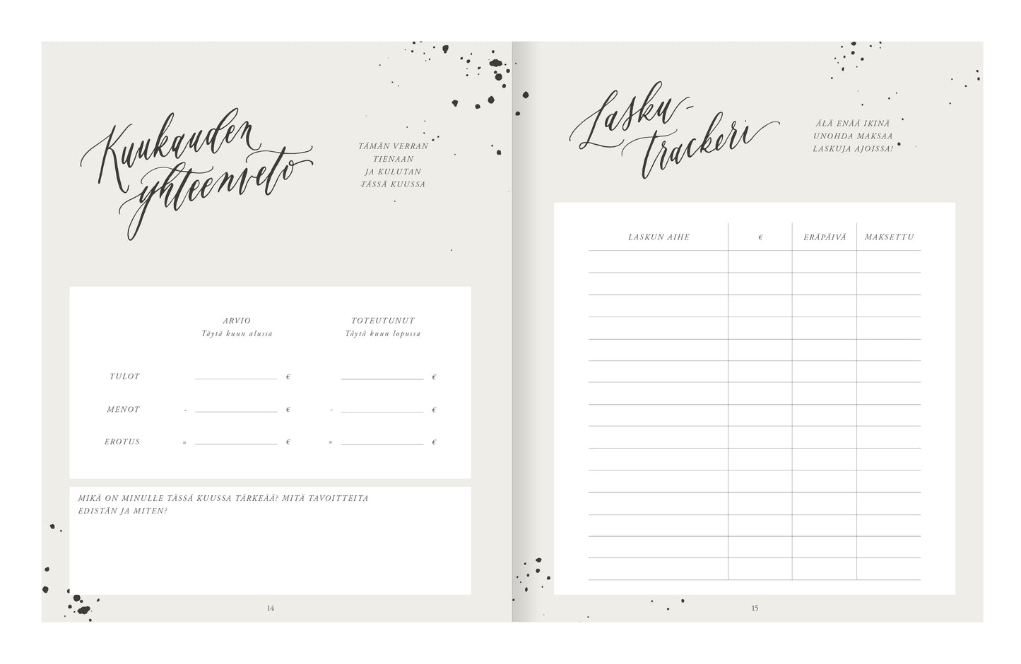 Budjettipäiväkirja Kalligrafiastudio - Hyvän päivän varalle