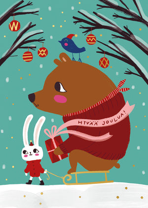 Christmas card Mira Mallius - Bear and sled, Merry Christmas
