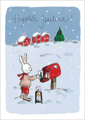 Joulukortti Sari's Artwork - Pupu postilaatikolla, Hyvää joulua