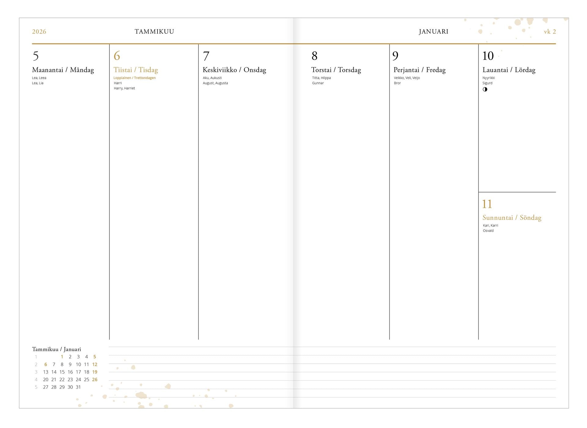 Viikkopäivyri A5 2026 Putinki Kalligrafiastudio