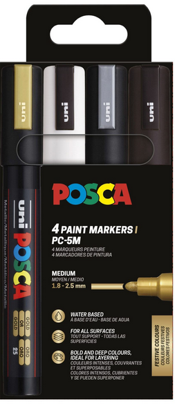 Paint markers 4-pack Posca PC-5M MONO - gold, silver, white and black