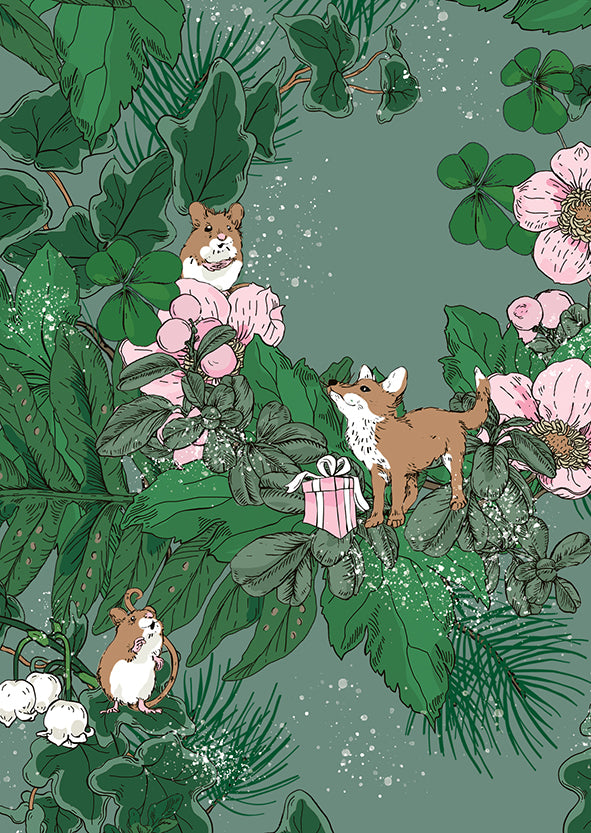 Christmas card Knuppu Print Company - Fox, mice and Christmas package