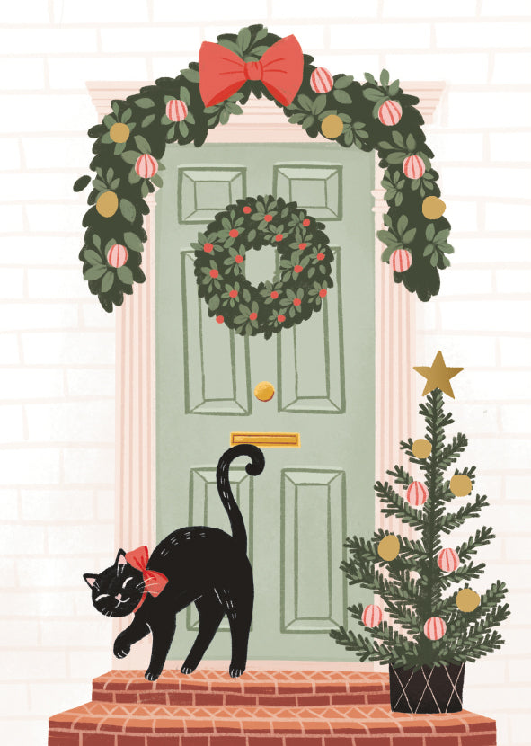 Christmas card Kaisu Sandberg - Christmas door and cat