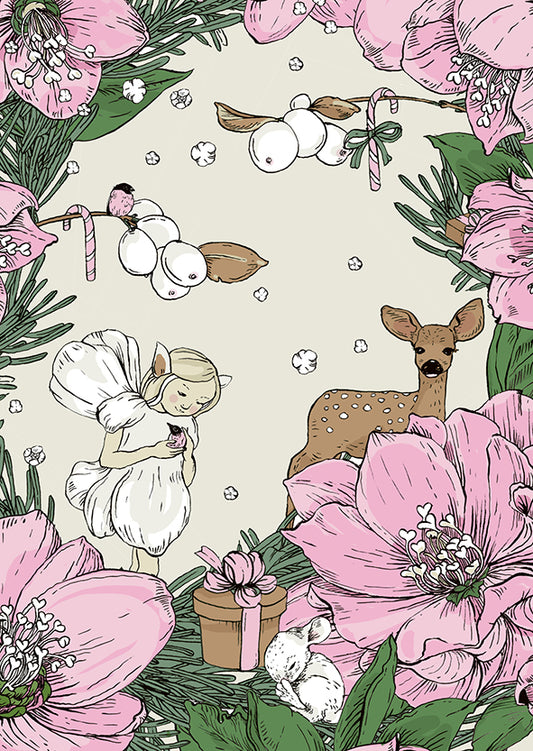 Joulukortti Nuppu Print Company - Keiju, lumimarjat ja bambi