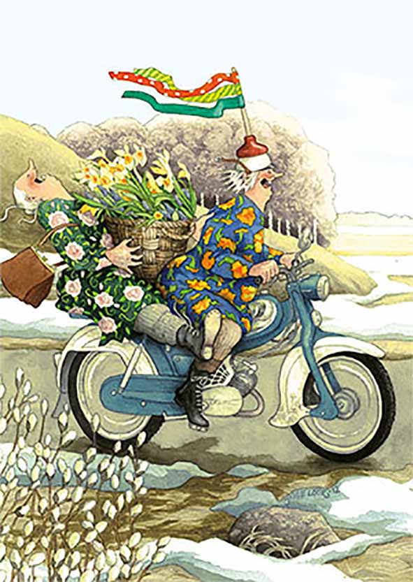 Inge Löök postcard - Grandmothers on a moped ride