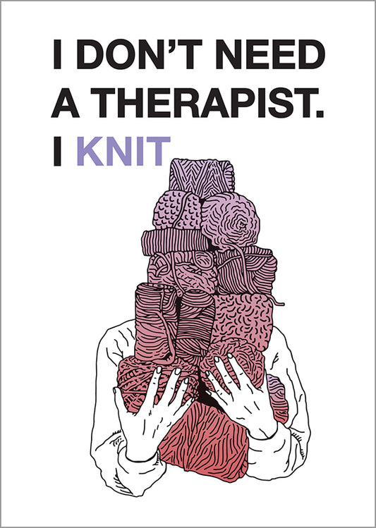 Kohopainettu postikortti Therapist - I knit