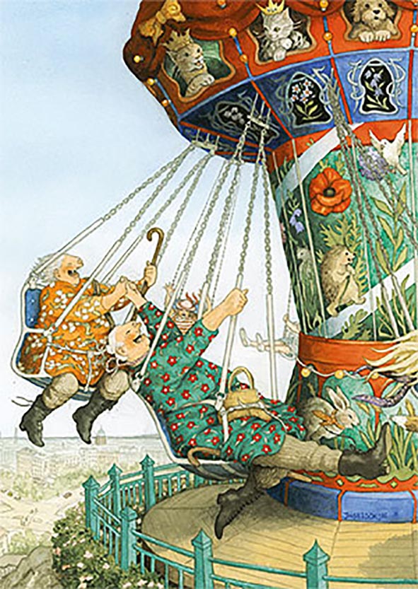 Postcard Inge Löök - Grannies on the carousel