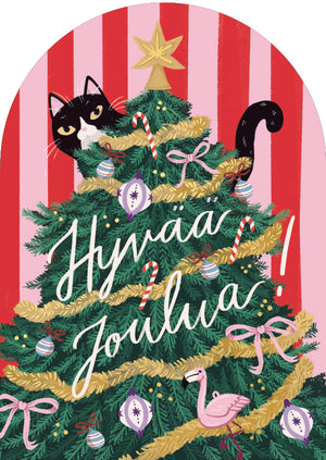 2-osainen joulukortti Kaisu Sandberg - Kuusi ja kissa, Hyvää joulua!