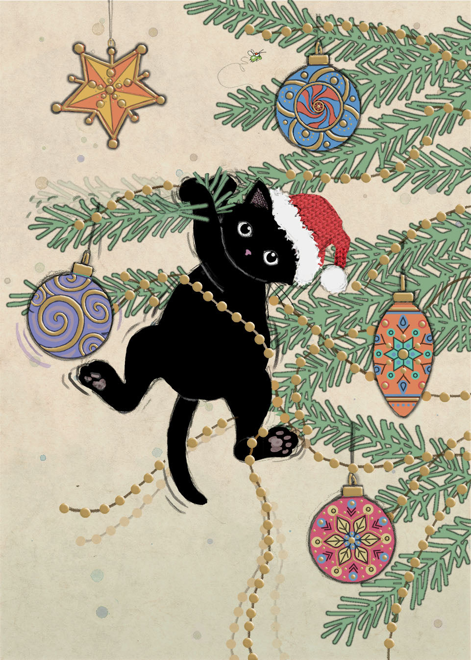 2-part Christmas card Bug Art - Christmas cat