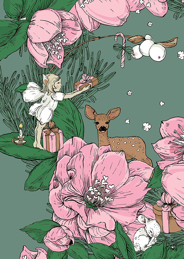 2-part Christmas card Nuppu Print Company - Christmas fairy tale, deer and fairy