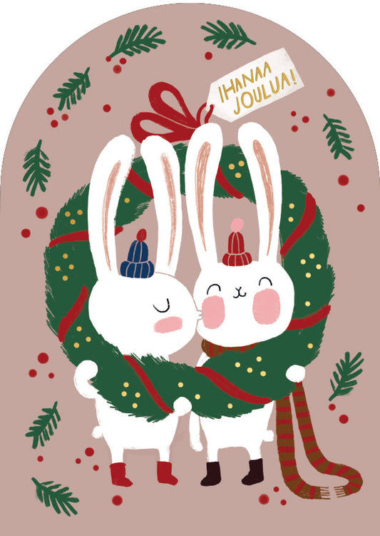 2-part Christmas card Mira Mallius - Bunnies and wreath, Merry Christmas
