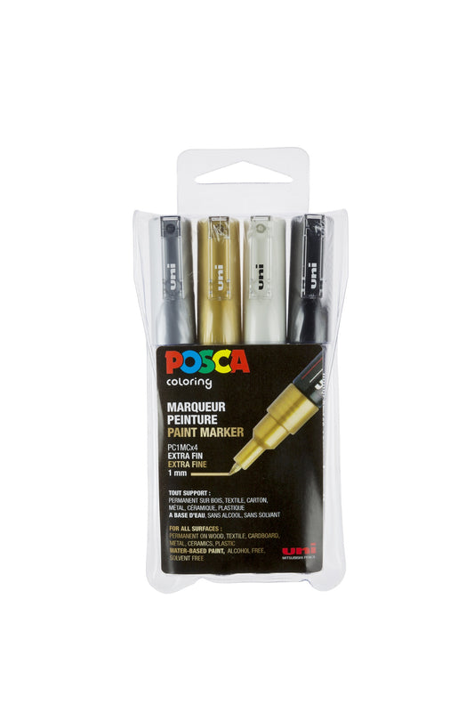 Tussit POSCA Uni Marker 4 kpl PC-1M 0,7-1mm - kulta, hopea valkoinen ja musta