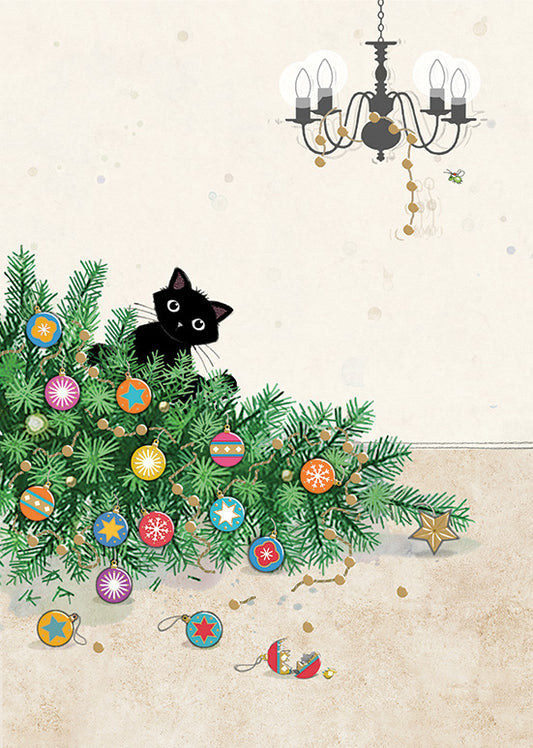 2-part Christmas card Bug Art - Cat and fallen fir tree