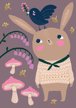 Postikortti Mira Mallius - Kotimetsä, jänis ja lintu