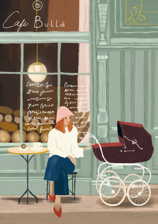 2-part card Johanna Ilander - Mother and pram, Cafe Bulla