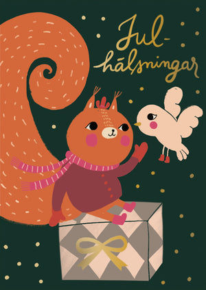 Christmas card Mira Mallius - Julhälsningar, squirrel and bird