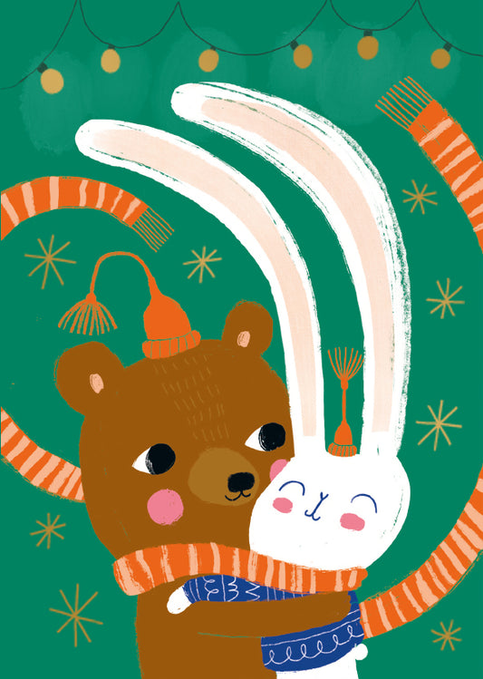 2-part Christmas card Mira Mallius - Teddy bear and bunny, Christmas tree