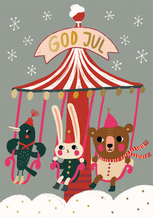 Christmas card Mira Mallius - God jul, animals in the carousel