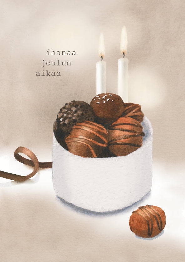 2-osainen joulukortti Henna Adel - Ihanaa joulun aikaa, kynttilät ja suklaakonvehdit