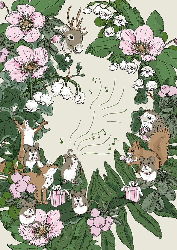Christmas card Nuppu Print Company - Little animals in a flower wreath