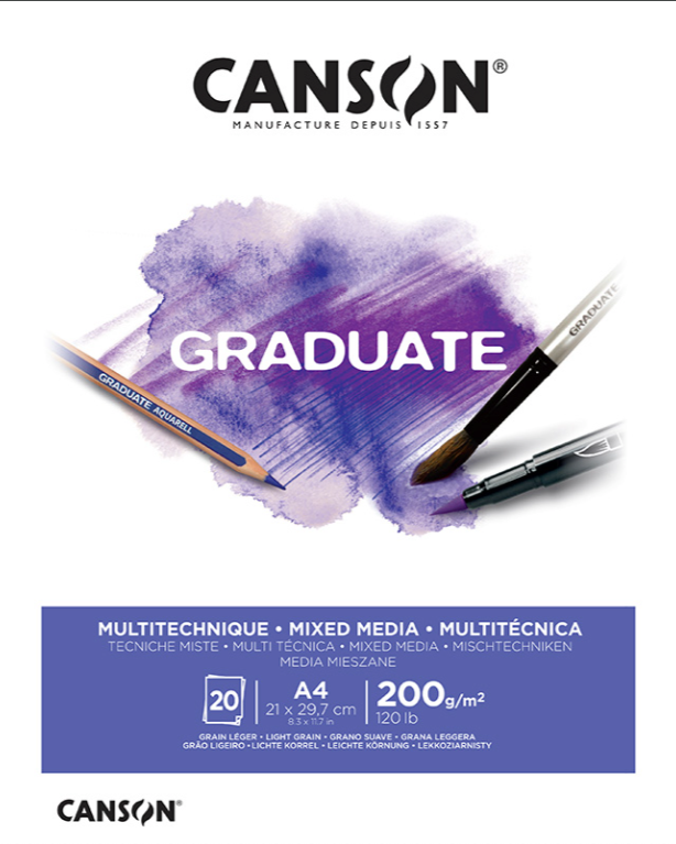 Taidelehtiö A4 Canson Graduate - Mixed Media 200g, valkoinen