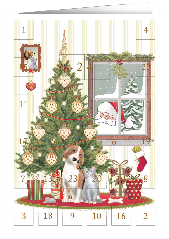 Christmas calendar card Quire - Dog, cat and Christmas tree