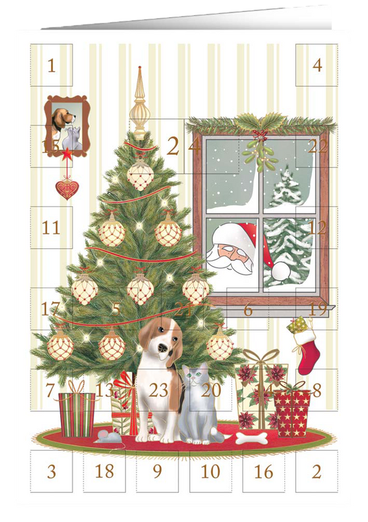 Christmas calendar card Quire - Dog, cat and Christmas tree