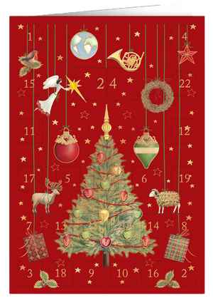 Christmas calendar card Quire - Christmas tree, red background