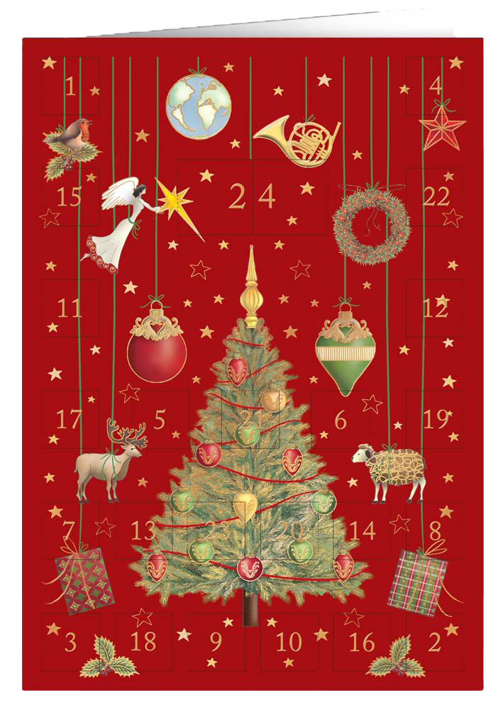 Christmas calendar card Quire - Christmas tree, red background