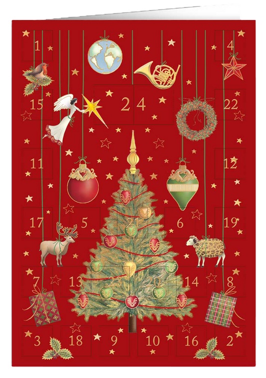 Christmas calendar card Quire - Christmas tree, red background