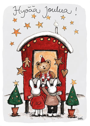 2-part Christmas card Sari's Artwork - Teddy's Christmas stall