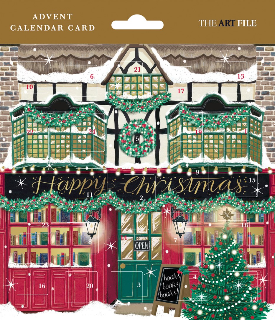 Christmas calendar card The Art File - Christmas bookstore, square