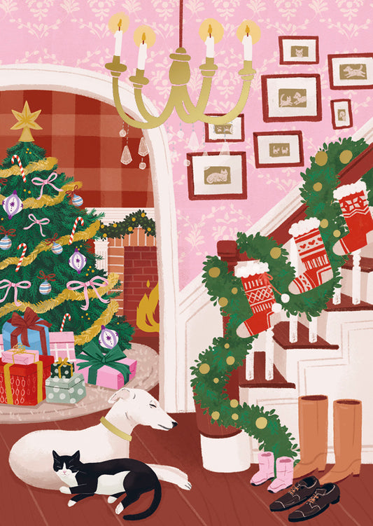 Christmas card Kaisu Sandberg - Staircase, cat and dog