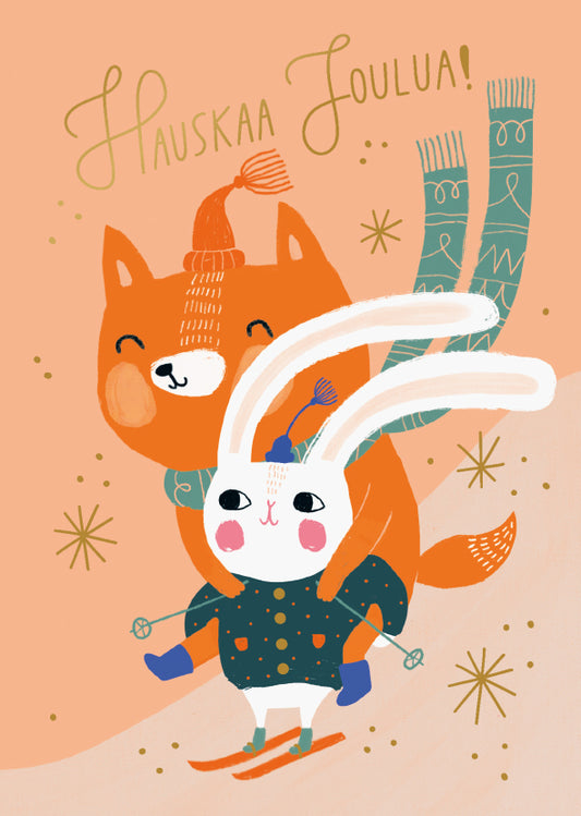 Christmas card Mira Mallius - The fox and the bunny are skiing