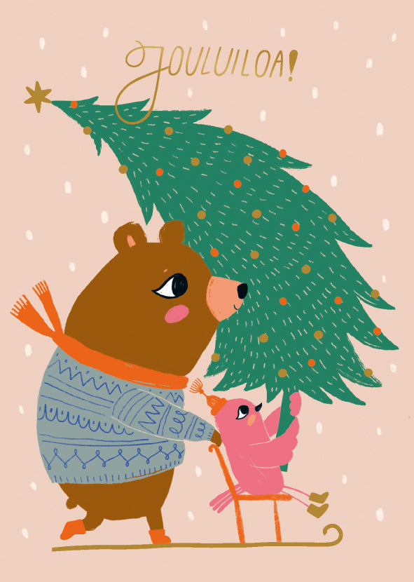 2-part Christmas card Mira Mallius - Merry Christmas! Teddy and the bird go sledding