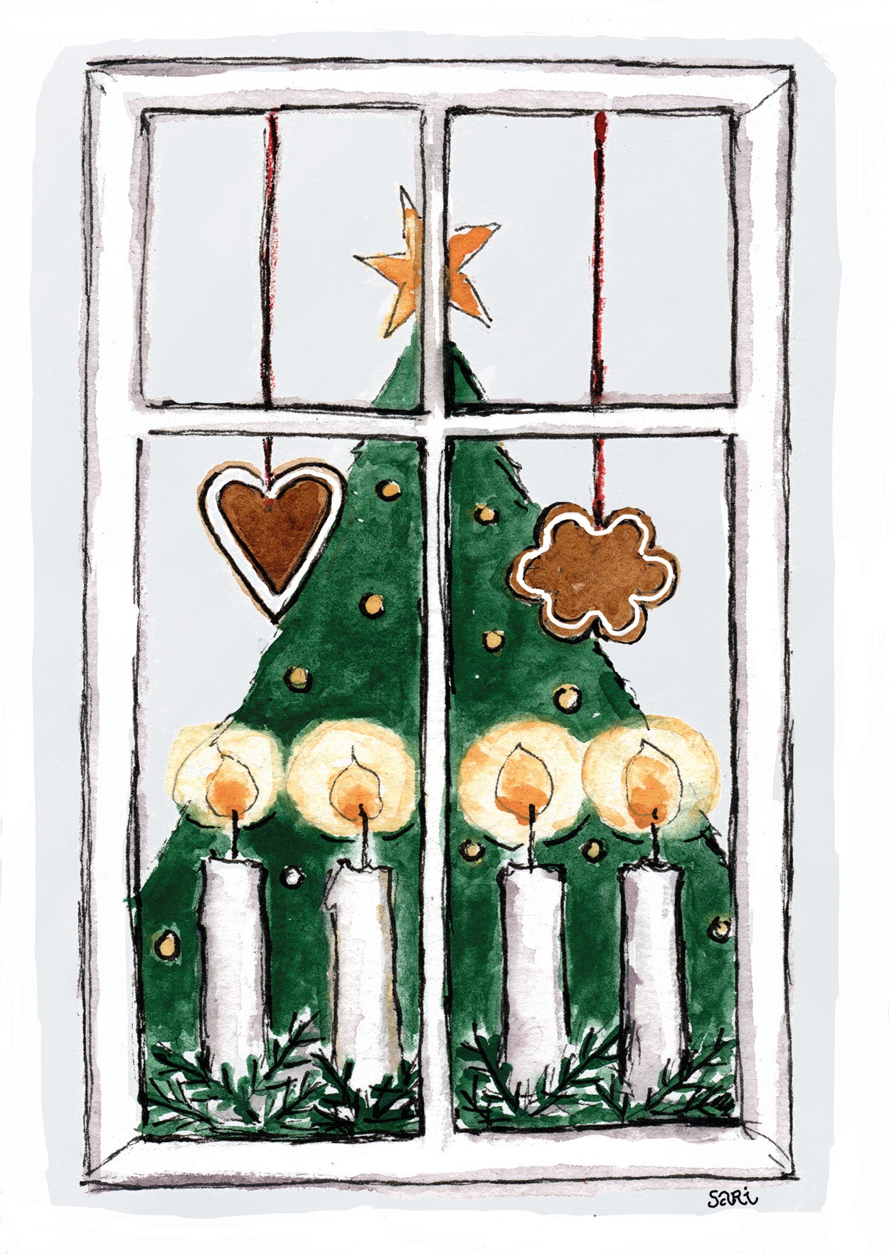 2-part Christmas card Sari's Artwork - Candles with a window