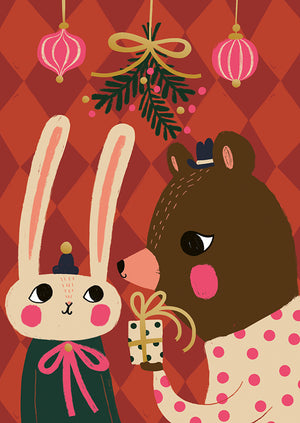 Christmas card Mira Mallius - Bunny and bear under the mistletoe