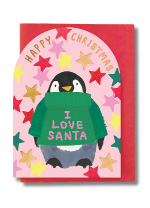 2-part Christmas card Stop the Clock - I love Santa, penguin