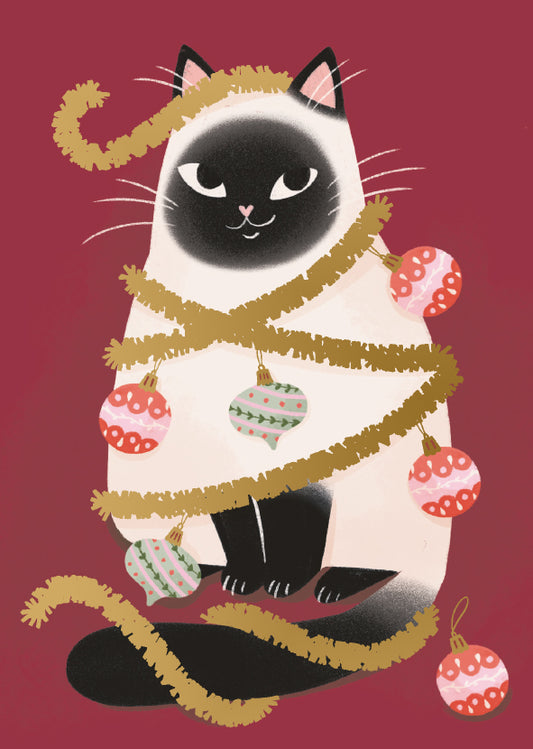 Christmas card Kaisu Sandberg - Cat and Christmas balls