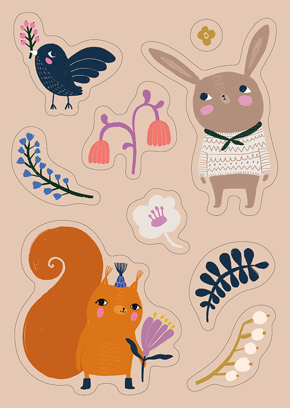 Sticker card Mira Mallius - Home forest, squirrel and bunny