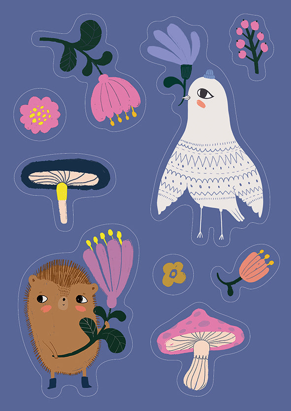 Sticker card Mira Mallius - Home forest, hedgehog and bird