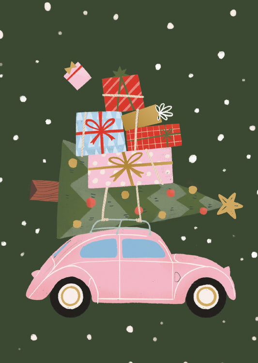 Christmas card Kaisu Sandberg - Gifts on the roof of the car