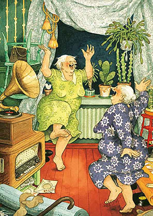 Inge Löök postcard - Dancing grannies