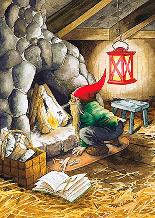 Inge Löök Christmas card - Elf, open fireplace and lantern