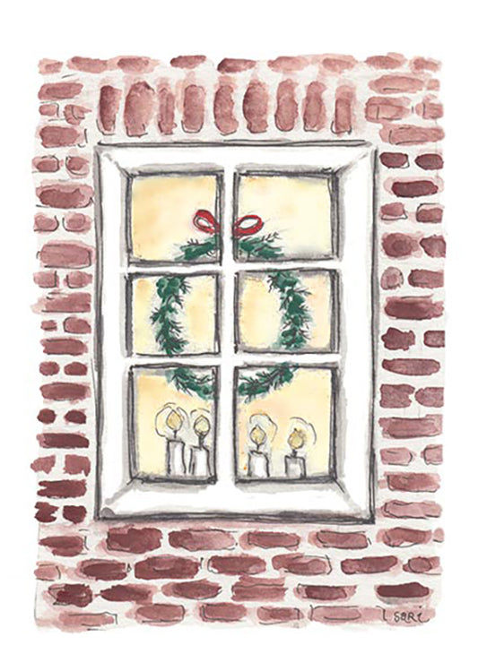 2-osainen joulukortti Sari's Artwork - Tiiliseinä, kynttilät ikkunalla