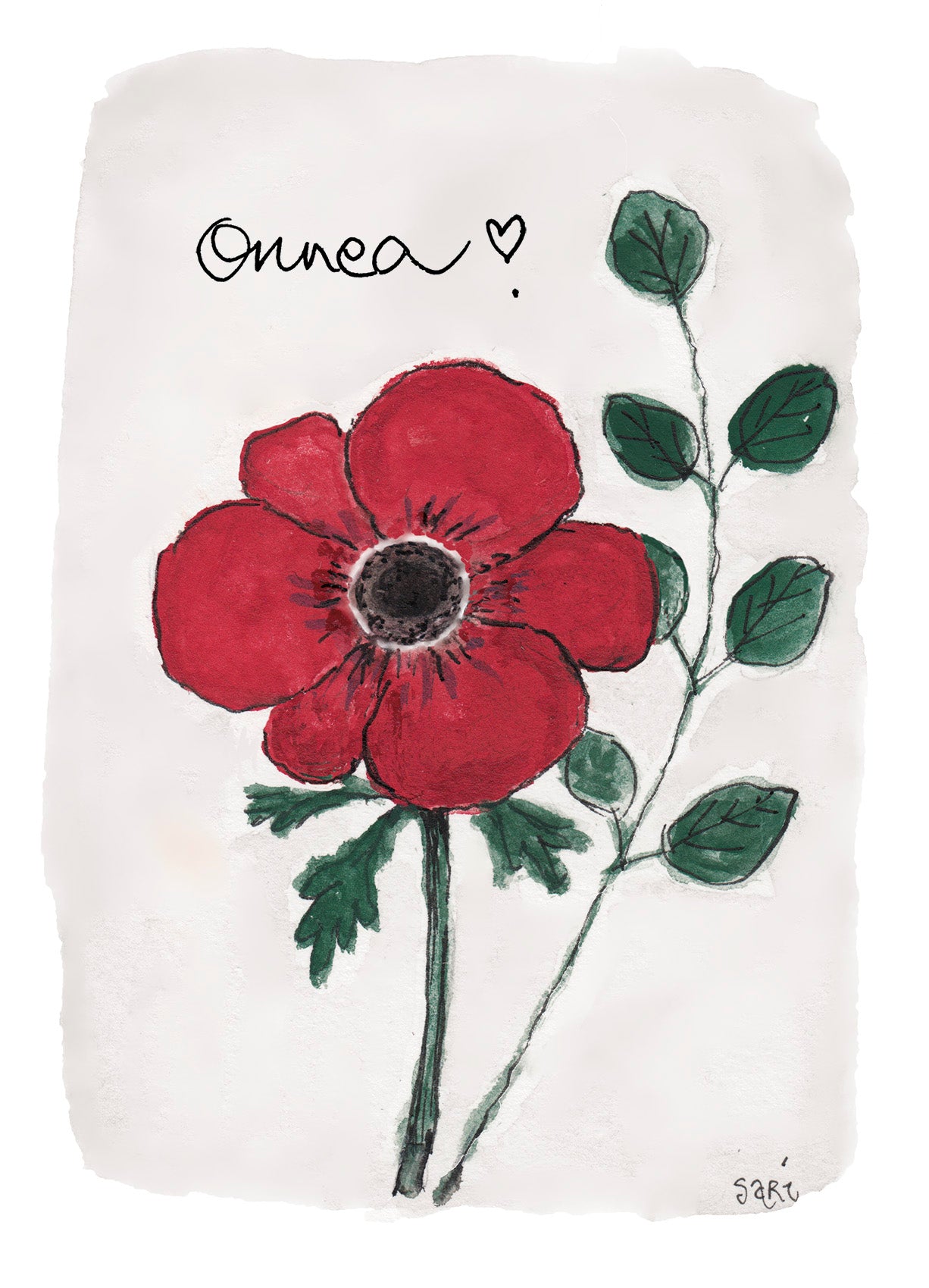 2-osainen kortti Sari's Artwork - Punainen anemone, onnea
