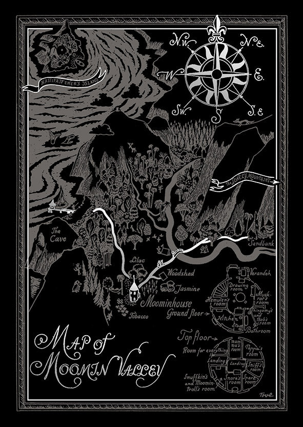 Postikortti Muumi - Map of Moominvalley, musta